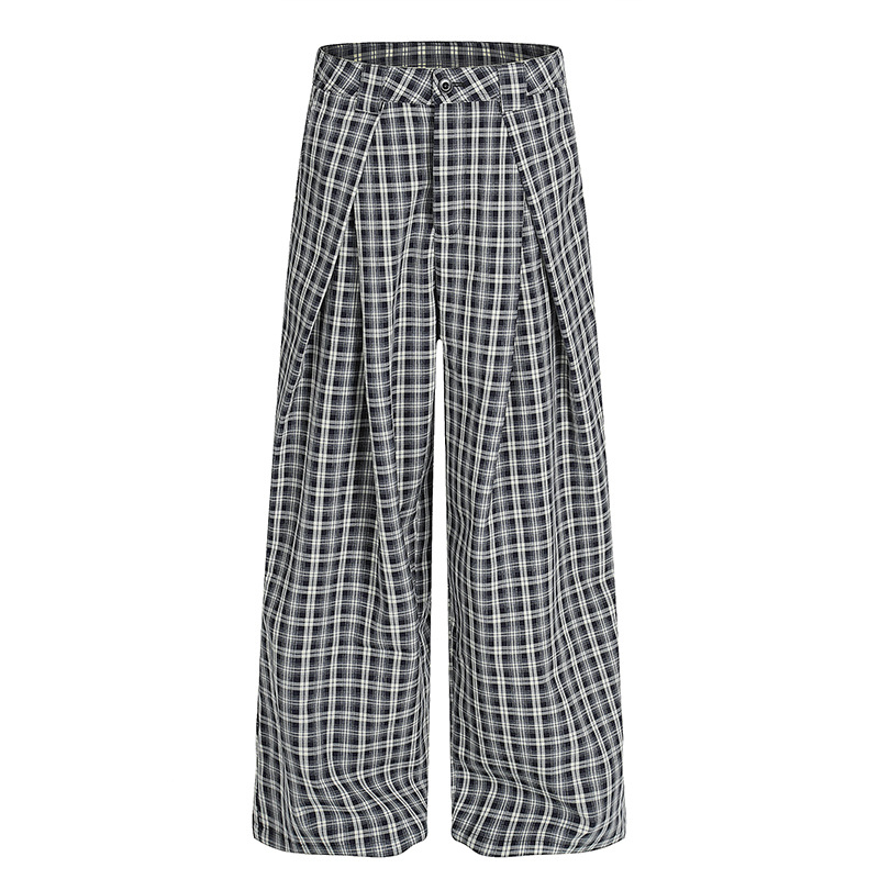 Unisex Pleated Checkered Wide-Leg Pants – Minimalist Retro Loose Trousers, Gender-Neutral Design for Stylish Everyday Wear