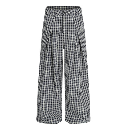 Unisex Pleated Checkered Wide-Leg Pants – Minimalist Retro Loose Trousers, Gender-Neutral Design for Stylish Everyday Wear