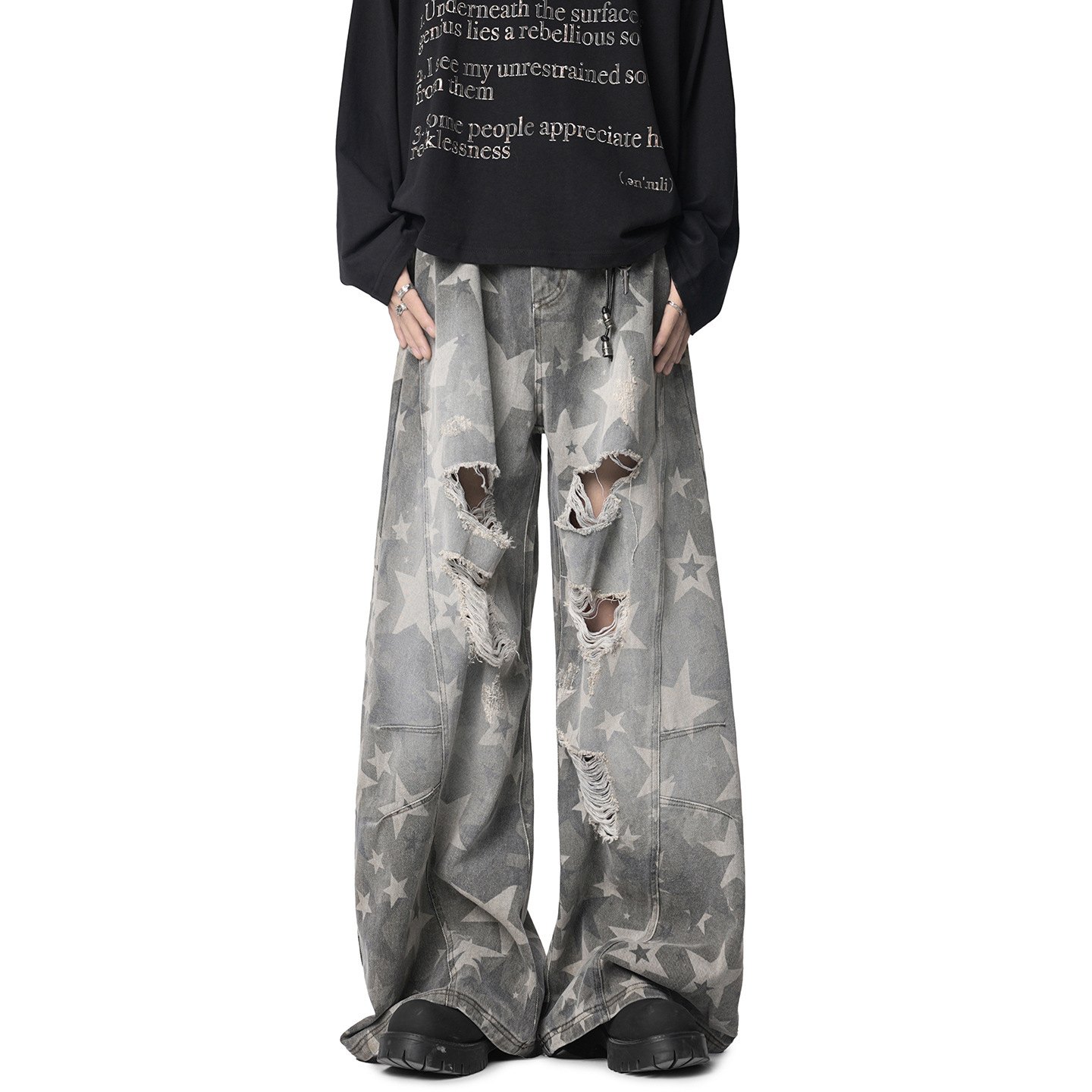 Unisex Vintage Star Print Distressed Jeans – American Retro Punk Style Wide-Leg Denim Pants for Streetwear Lovers
