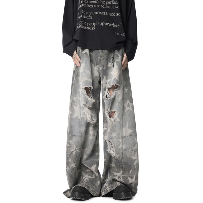 Unisex Vintage Star Print Distressed Jeans – American Retro Punk Style Wide-Leg Denim Pants for Streetwear Lovers