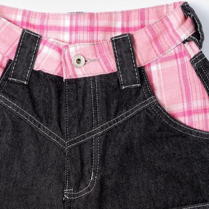 Unisex Checkered Wide-Leg Jeans – Vintage Loose Fit Straight Denim Pants for Casual and Streetwear Style