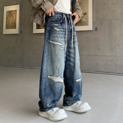Men’s Gradient Distressed-Effect Jeans – American Retro High-Street Style Loose Fit Scimitar Wide-Leg Denim Pants