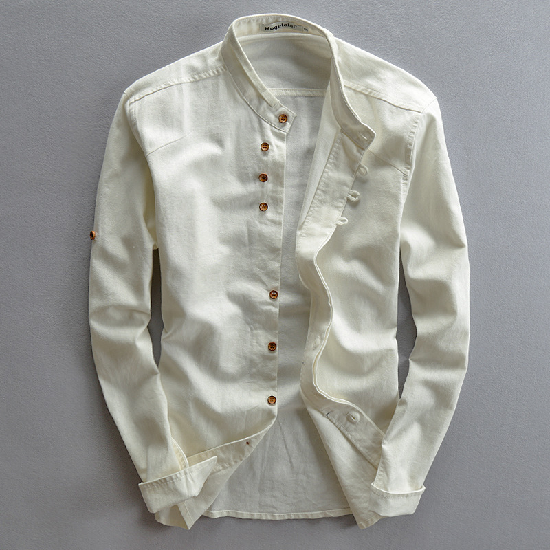 Men's Casual Stand-Up Collar Cotton And Linen Shirt