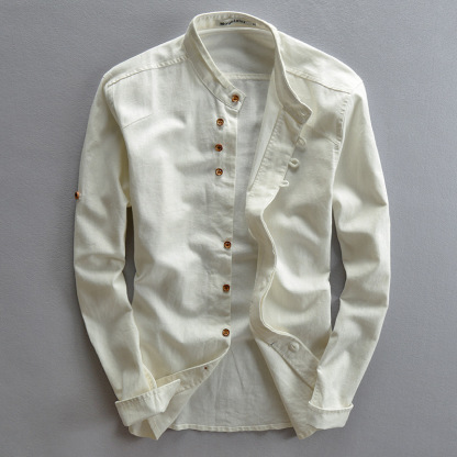 Men's Casual Stand-Up Collar Cotton And Linen Shirt