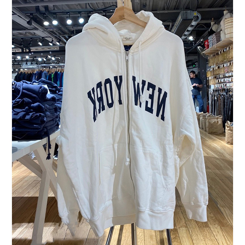 American Vintage White Zip-Up Hoodie | NEW YORK Embroidered Loose Fit Jacket for Fall & Winter