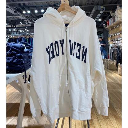 American Vintage White Zip-Up Hoodie | NEW YORK Embroidered Loose Fit Jacket for Fall & Winter