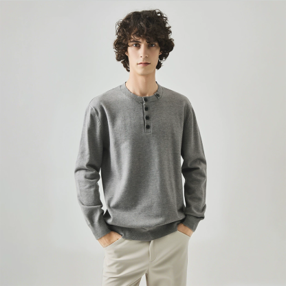 Men's Old Money Style Henley Knit Shirt, Casual Fall Pullover, Machine Washable Pullover