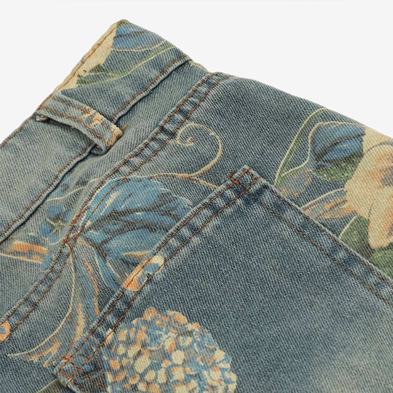 Men's Vintage All-Over Floral Print Washed Jeans, Casual Streetwear Wide Leg Denim Pants