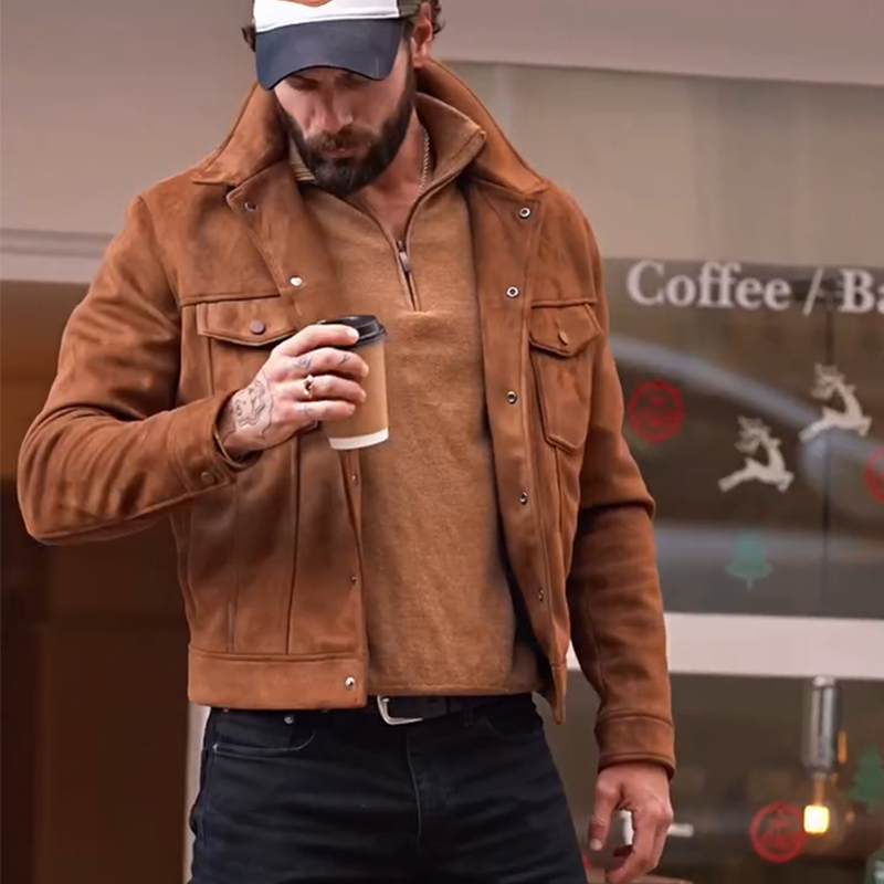 Men's Suede Bomber Jacket, Business Casual Notch Lapel Fall Jacket