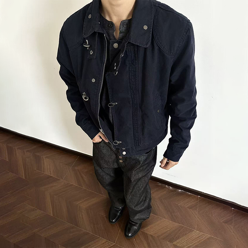 Men's Heavy Cotton Work Jacket, Lobster Clasp Stand Collar Short Coat, Clean Fit Workwear Style Short Coat