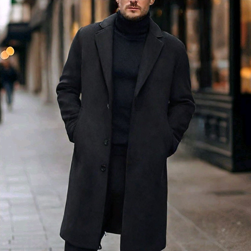 Men's Wool-Like Overcoat, Single-Breasted Knee-Length Overcoat for Business Casual, Classic Notch Lapel Long Coat for Men