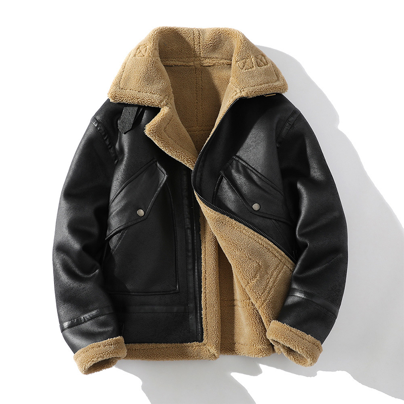Men's Retro Thick Leather Jacket, Plush Lining, Heavyweight Winter Loose-fitting Outerwear, Shearling Jacket