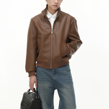 Men's Vintage Biker Short PU Leather Jacket, Unique Diamond Woven Texture Stand Collar Coat