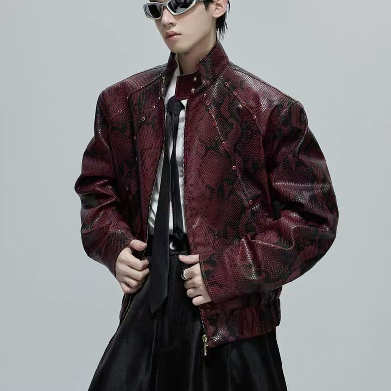 New Men's Python Texture Leather Jacket, Red Gem Studded Stand Collar Punk Coat