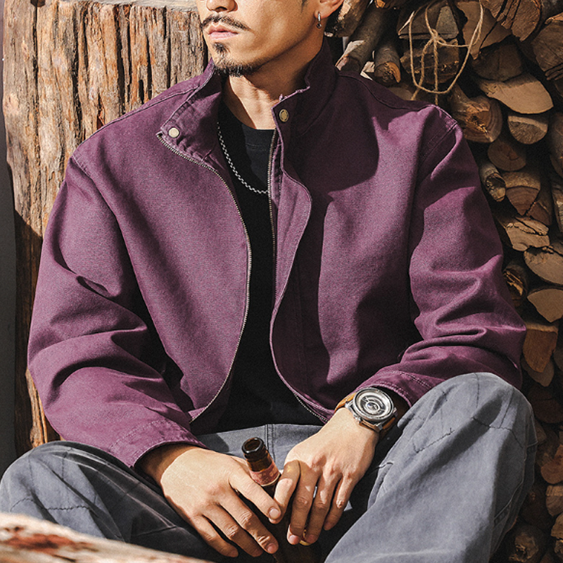 Men's Vintage Casual Cotton Workwear Jacket, Military Green & Purple Bomber Jacket, Amekaji Style Short Casual Coat