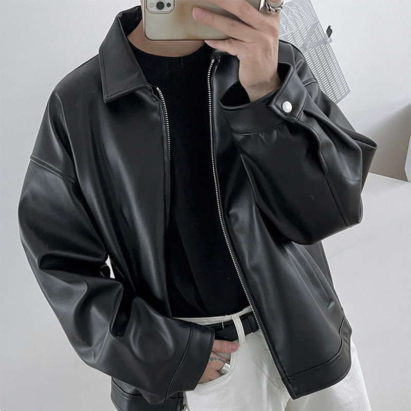 Classic Black Leather Jacket For Men, Casual Baseball Bomber Jacket, Versatile Motorcycle Style Jacket For Everyday Wear