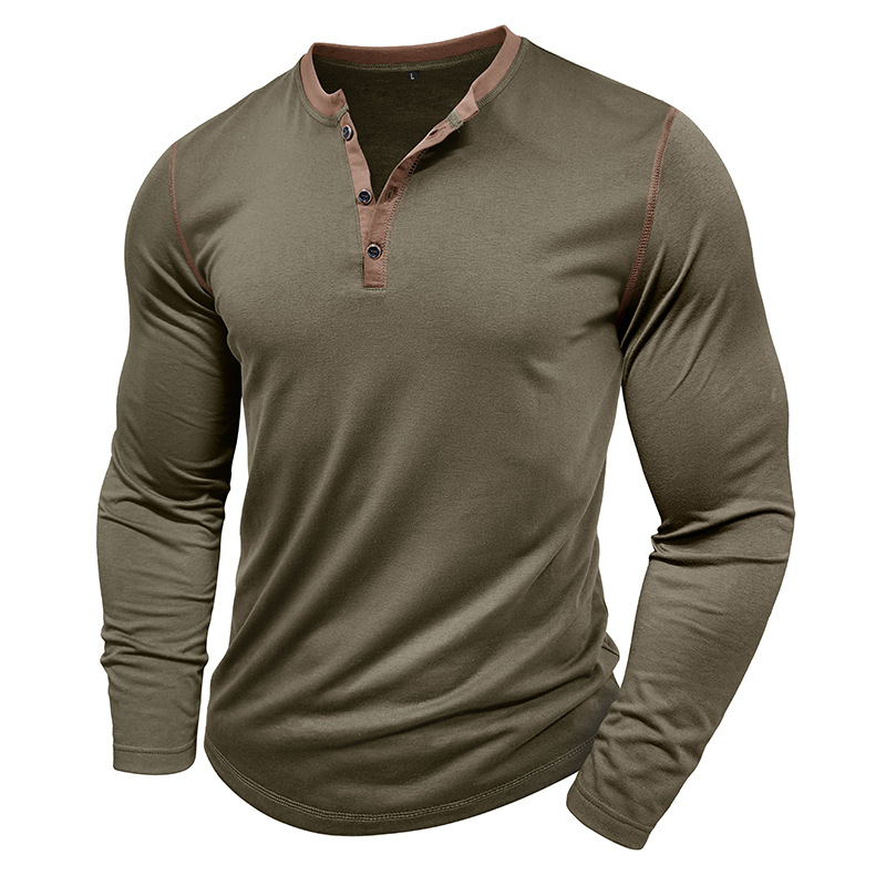 Vintage American Crewneck Henley Shirt  3-Button Retro Stretch Cotton Blend Top  Classic Casual Long Sleeve for Men