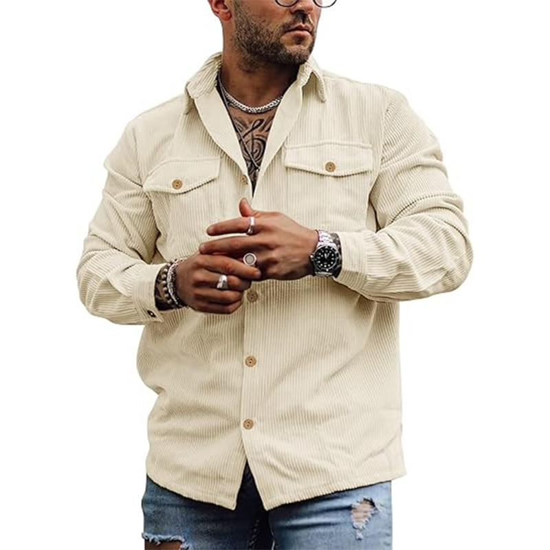 2025 Men's Corduroy Button Shirt Jacket Retro Striped Workwear Double Pocket Utility Design