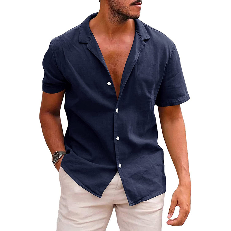 Men's Linen Cotton Short Sleeve Camp Shirt, Breathable Vacation Style Open Collar Button Shirt, Summer Essential