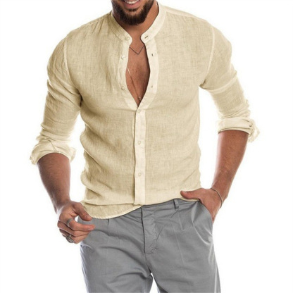 Men's New Arrival V-Neck Cotton Linen Cardigan-Style Stand Collar Long Sleeve Shirt