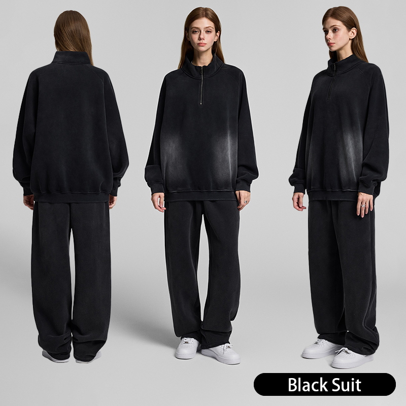 Retro Heavyweight Casual Sports Suit, 420GSM Vintage Zipper Hoodie and Sweatpants, Washed and Distressed Unisex Sportswear, Warm and Comfortable for Transitional Seasons