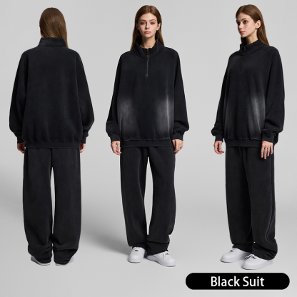 Retro Heavyweight Casual Sports Suit, 420GSM Vintage Zipper Hoodie and Sweatpants, Washed and Distressed Unisex Sportswear, Warm and Comfortable for Transitional Seasons