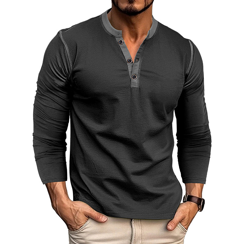 Vintage American Crewneck Henley Shirt  3-Button Retro Stretch Cotton Blend Top  Classic Casual Long Sleeve for Men