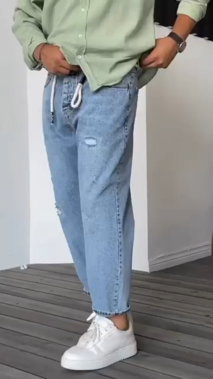 American Streetwear Light Wash Jeans: Loose Straight, Ripped 33.4 Inch Tapered, Stretch Summer Denim