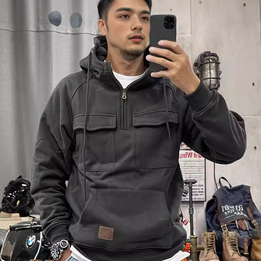 Men Tactical Sweatshirt Quarter Zip Cargo Pullover Hoodies Outdoor Win