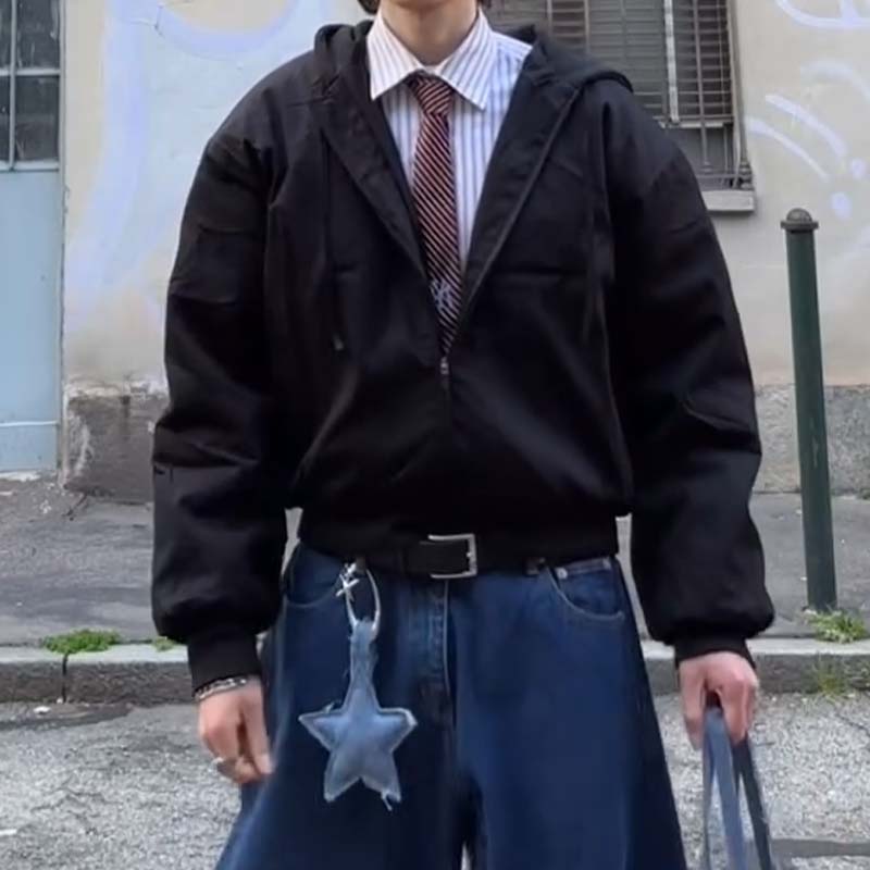 Men's Vintage Brown Distressed Faux-Leather Jacket – Maillard Style Hooded Oversized Outerwear, Layered Two-in-One Design for Autumn Winter