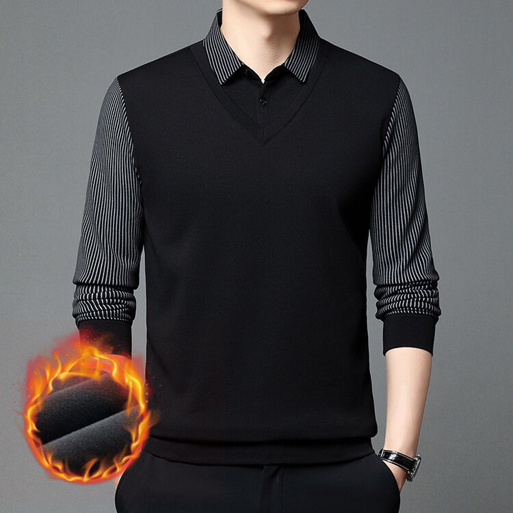 Men's Fleece Lined Faux Two-Piece Striped Polo Shirt – Thickened Knit Long Sleeve for Fall/Winter, Trendy and Warm, Perfect for Casual or Semi-Formal Wear