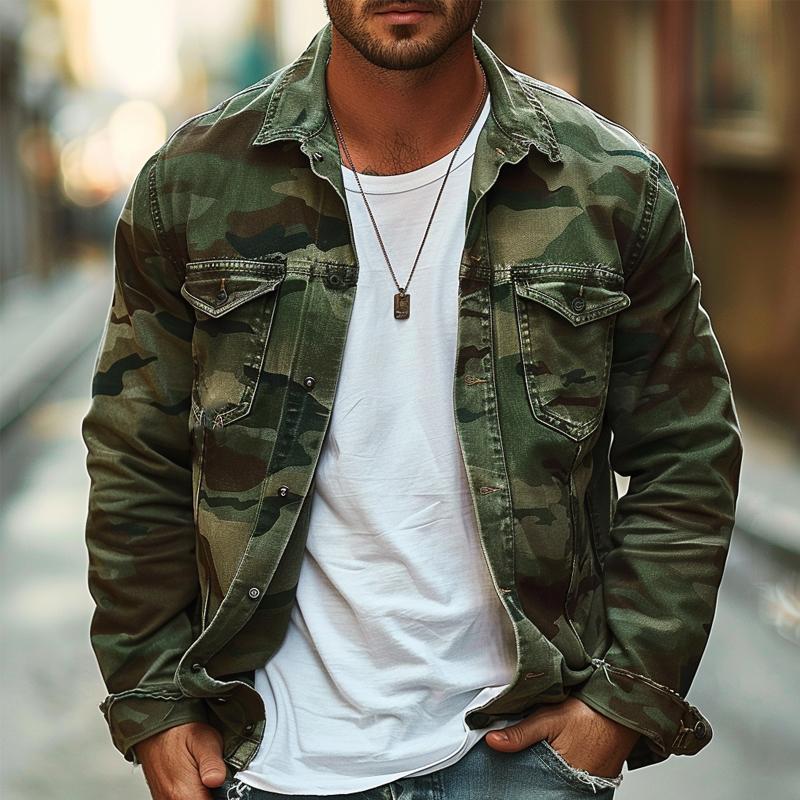 MEN'S CAMOUFLAGE CANVAS RETRO WEAR LAPEL JACKET