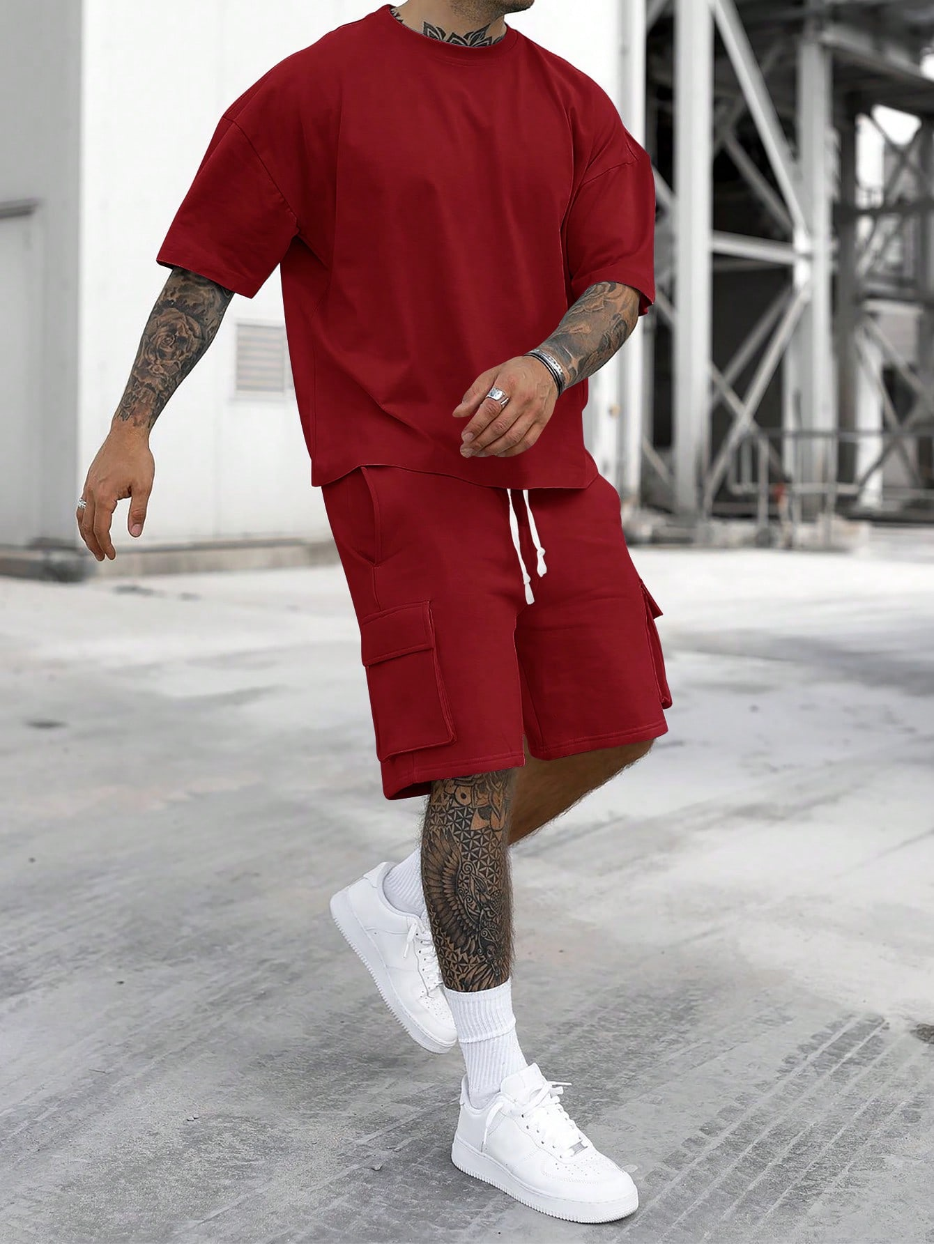 Men's Solid Tee & Cargo Shorts Set