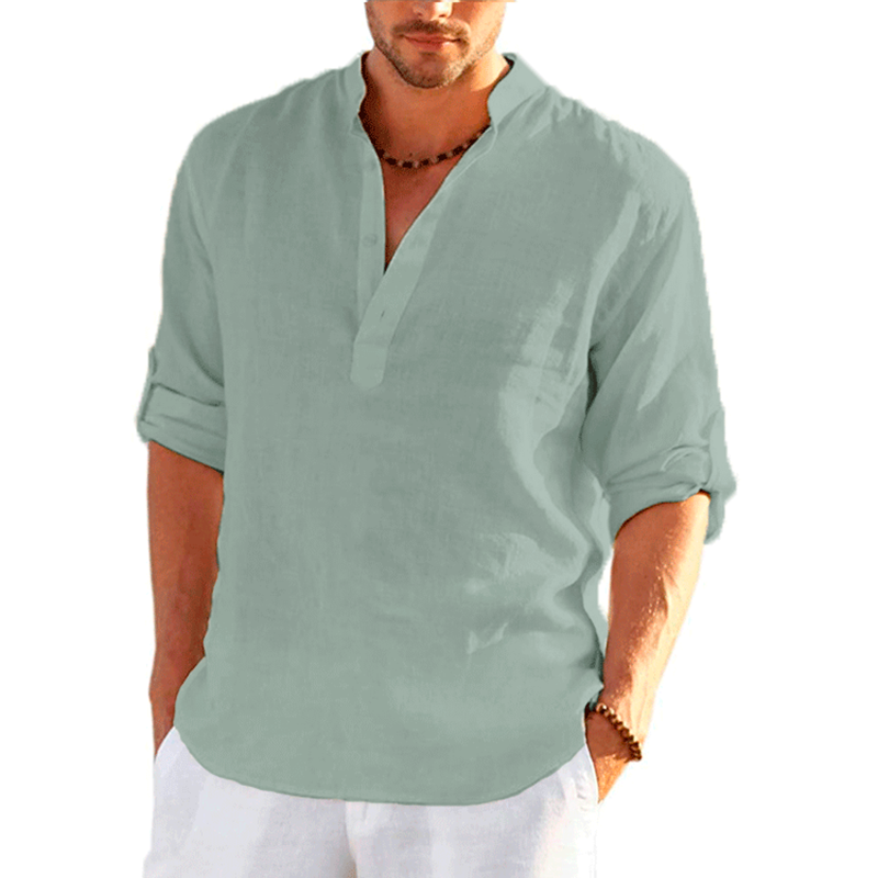 Men's Collar Linen-Cotton Shirt - Breathable Long Sleeve Minimalist Shirt for Casual & Business Wear