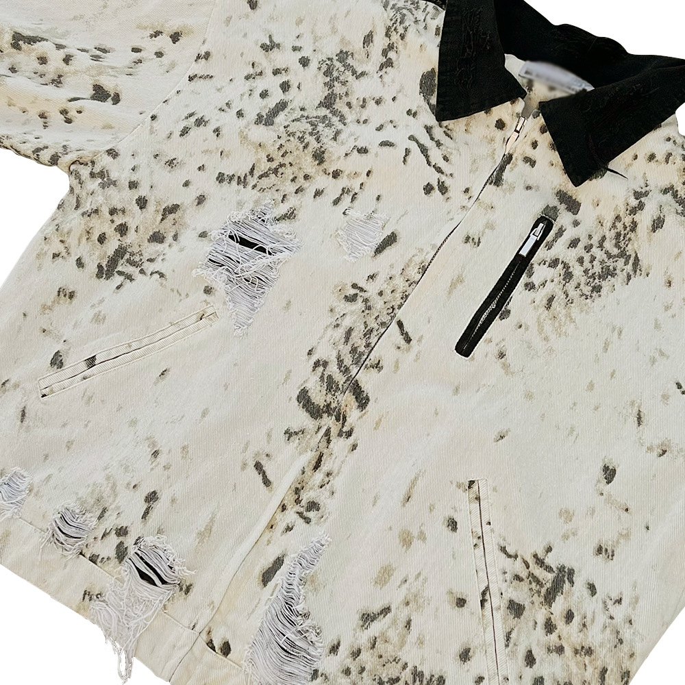 Punk Distressed Tie-Dye Leopard Print Denim Jacket For Men