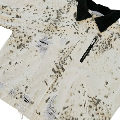 Punk Distressed Tie-Dye Leopard Print Denim Jacket For Men