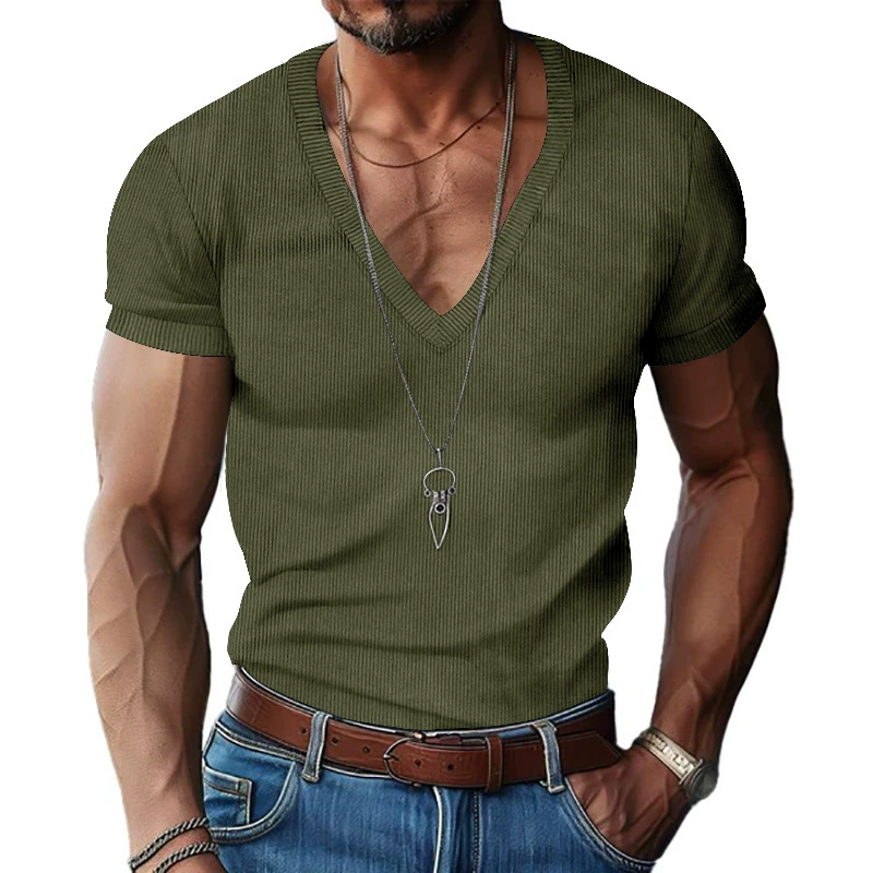 Men's Slim Fit Ribbed V-Neck Tee - Solid Breathable Summer Casual Shirt