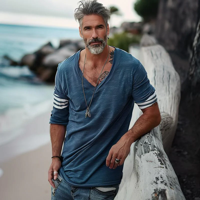 Men's Loose V-Neck Striped Patchwork Long-Sleeved T-Shirt