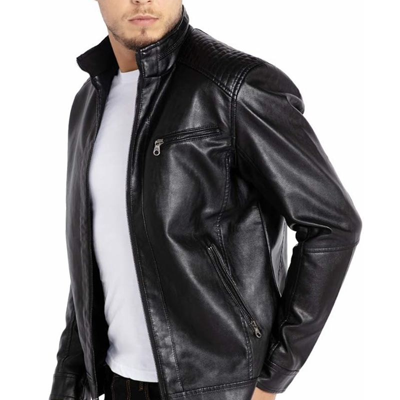 Men's Stand Collar Leather Jacket Motorcycle Lightweight Faux Leather Outwear