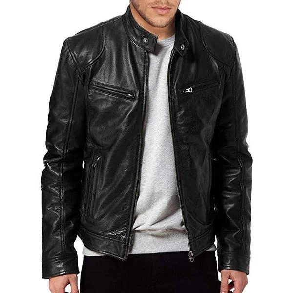 Men's Stand Collar Slim Fit Zip Pocket Leather Jacket