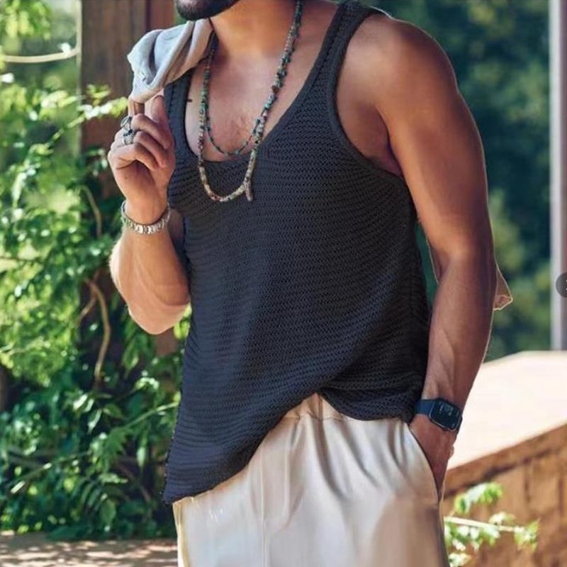 Men's Solid Color Breathable Knit Vest，Lightweight Summer Sleeveless Top For Casual Streetwear