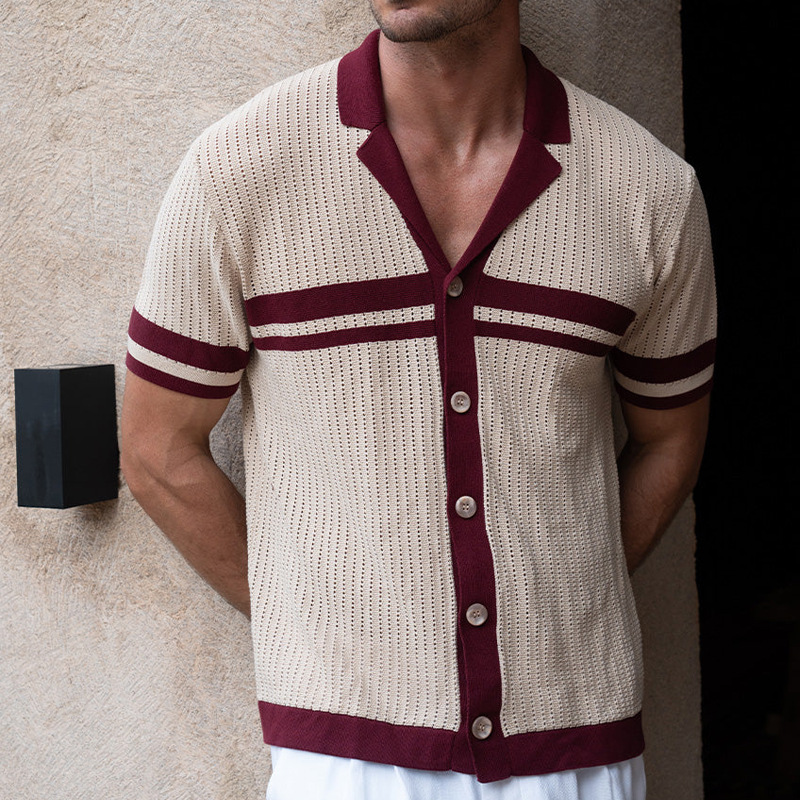 Men's Knitted Short-Sleeve Blended Color Shirt With Turn-Down Collar