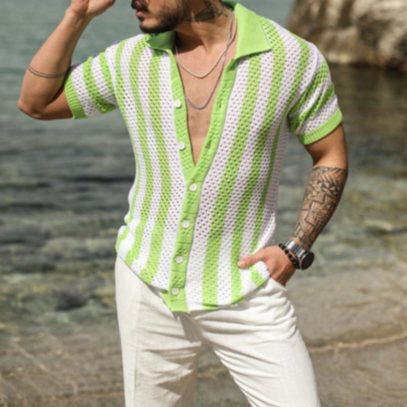 Men's Casual Loose-Fit Striped Polo Shirt