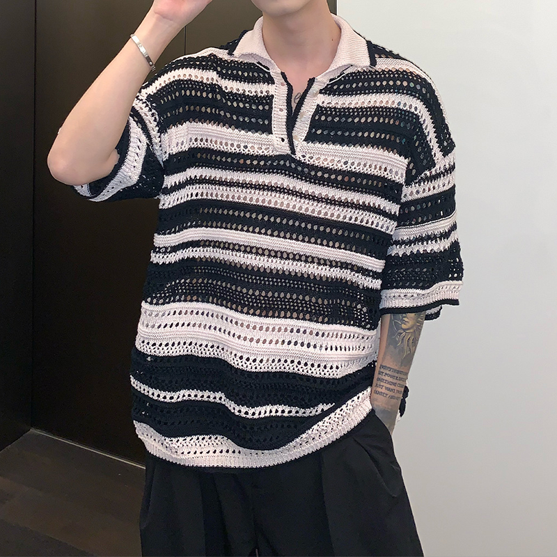 Men's Summer Vintage Striped Cutout Polo Shirt