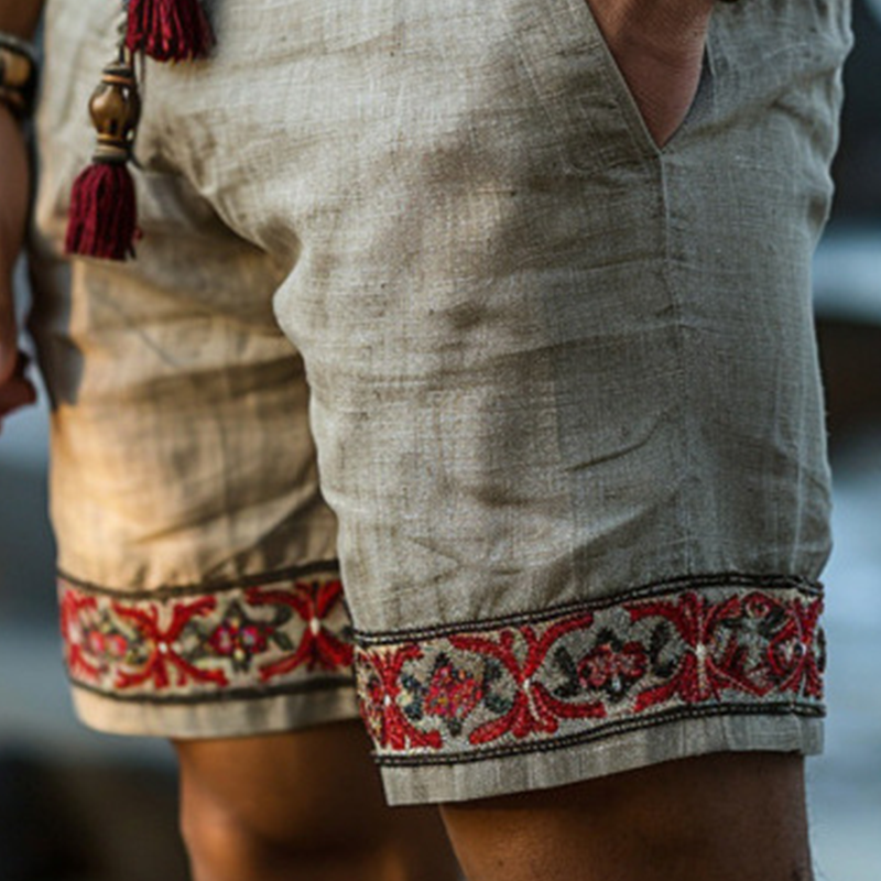 Men's Summer Retro Embroidered Cotton And Linen Shorts