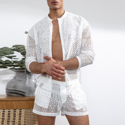 Summer Men's Casual Set - Breathable Long Sleeve Shirt And Stylish Shorts