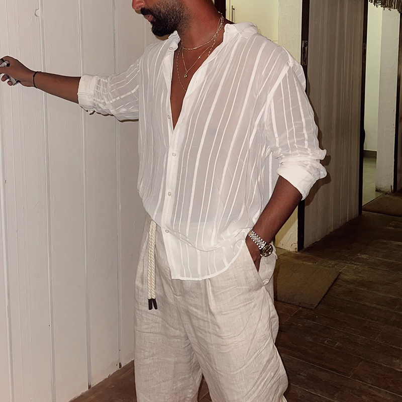 Men's White Semi-Sheer Striped Button-Down Shirt