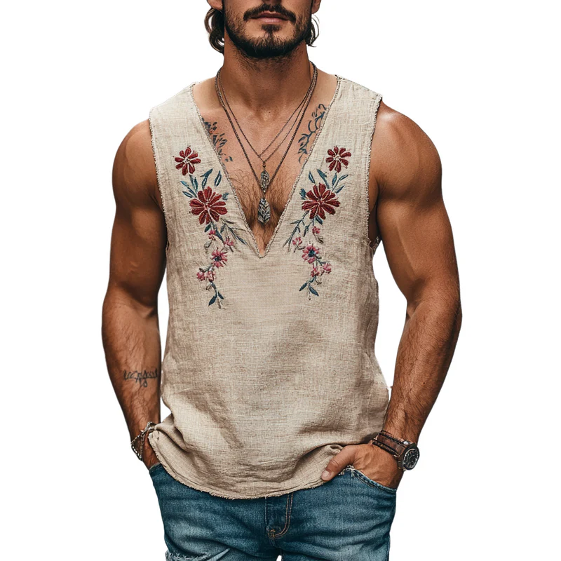 Men's Casual Linen V-Neck Floral Embroidered Raw Edge Loose Tank Top