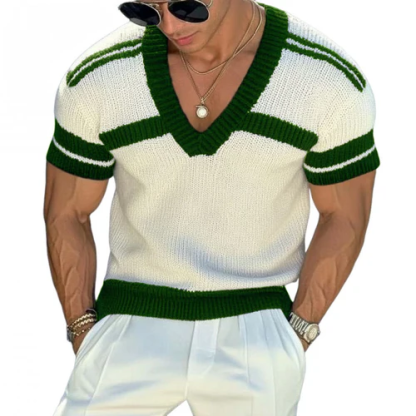 Men's Casual V-neck Striped Jacquard Slim Fit Knitted Short-sleeved Sweater T-Shirt