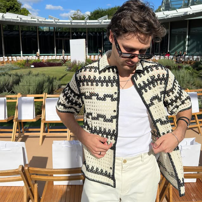 Men's Crochet Black & White Contrast Shirt, Bohemian Beach Shirt, Fashionable Y2K Hollow Top